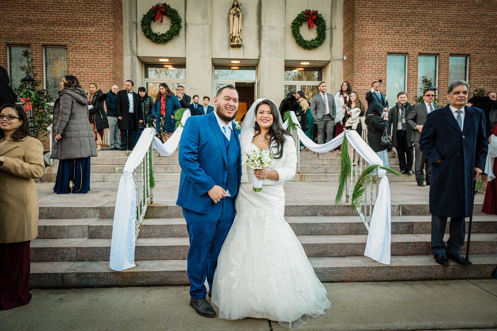 Wedding couple walking outdoors at a Bergen County New Jersey venue during peak wedding season