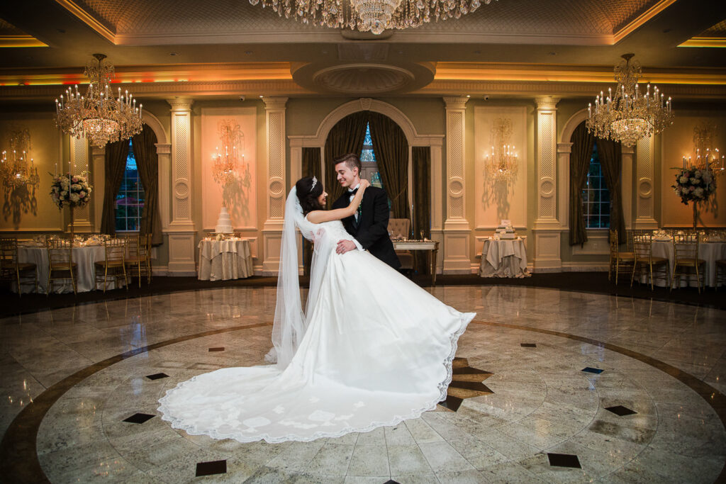 Black and white romantic portrait of bride and groom at Rockleigh Country Club