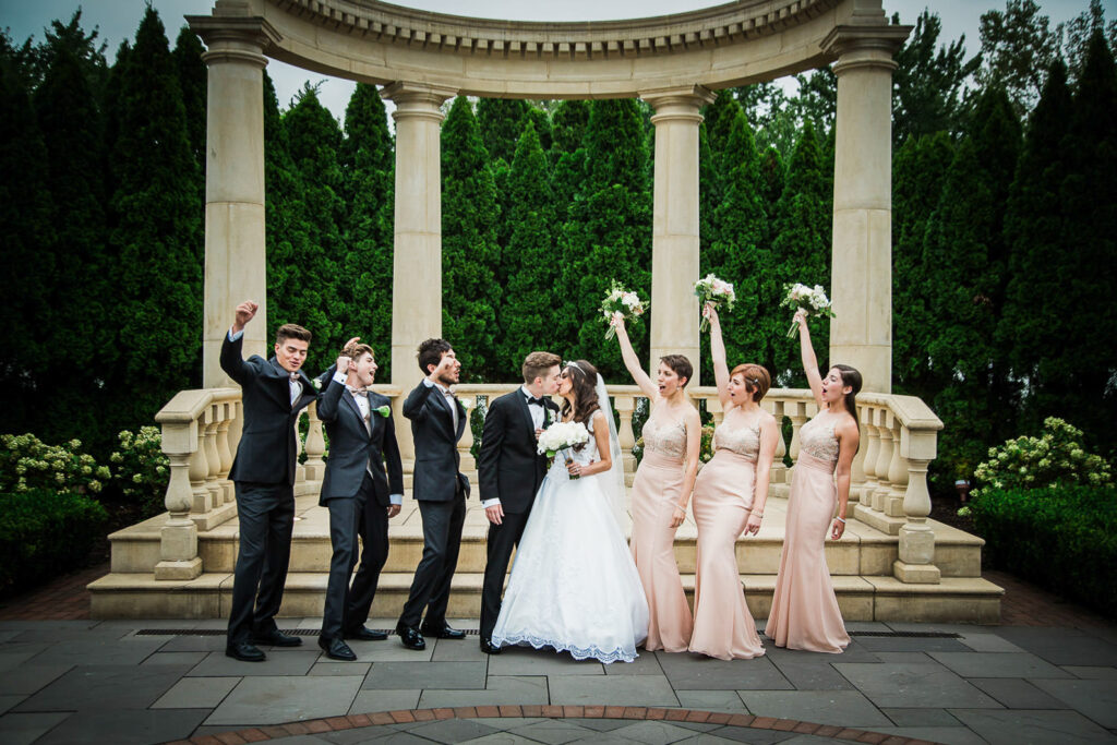 Wedding couple romantic portrait at Rockleigh Country Club gardens in Bergen County NJ