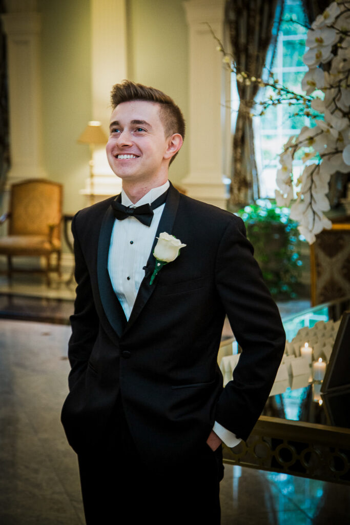 Groom in classic black tuxedo at Rockleigh Country Club wedding in Bergen County NJ