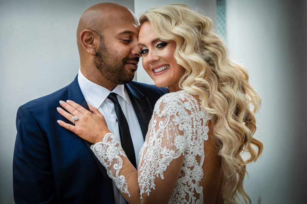 Close-up of bride and groom sharing intimate moment at Rockleigh wedding