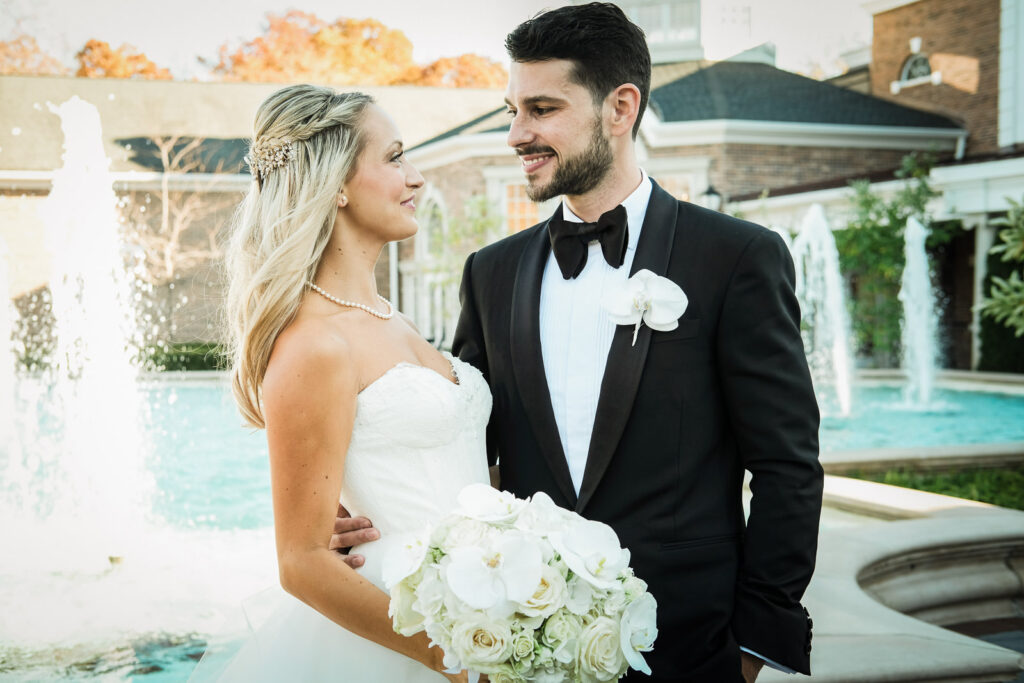 Bride groom couple portrait fountain Rockleigh fall wedding