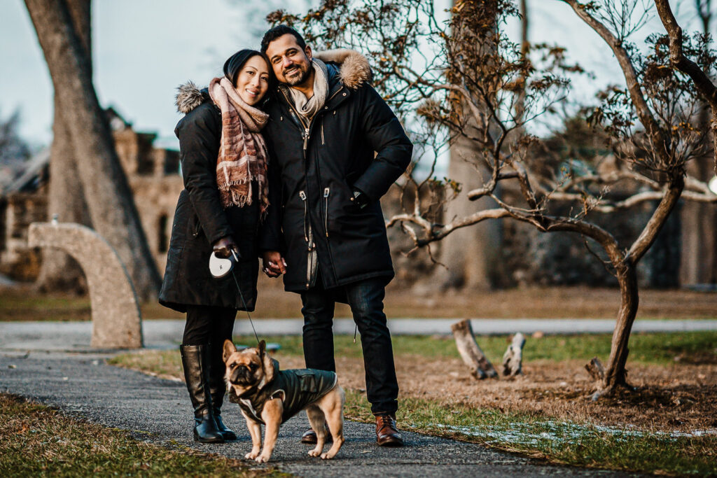 Engagement photos with dog Verona Park NJ couple French Bulldog