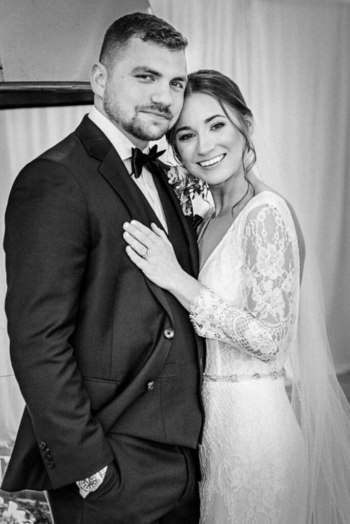 Black and white portrait of newlyweds at Hamilton Farm Golf Club