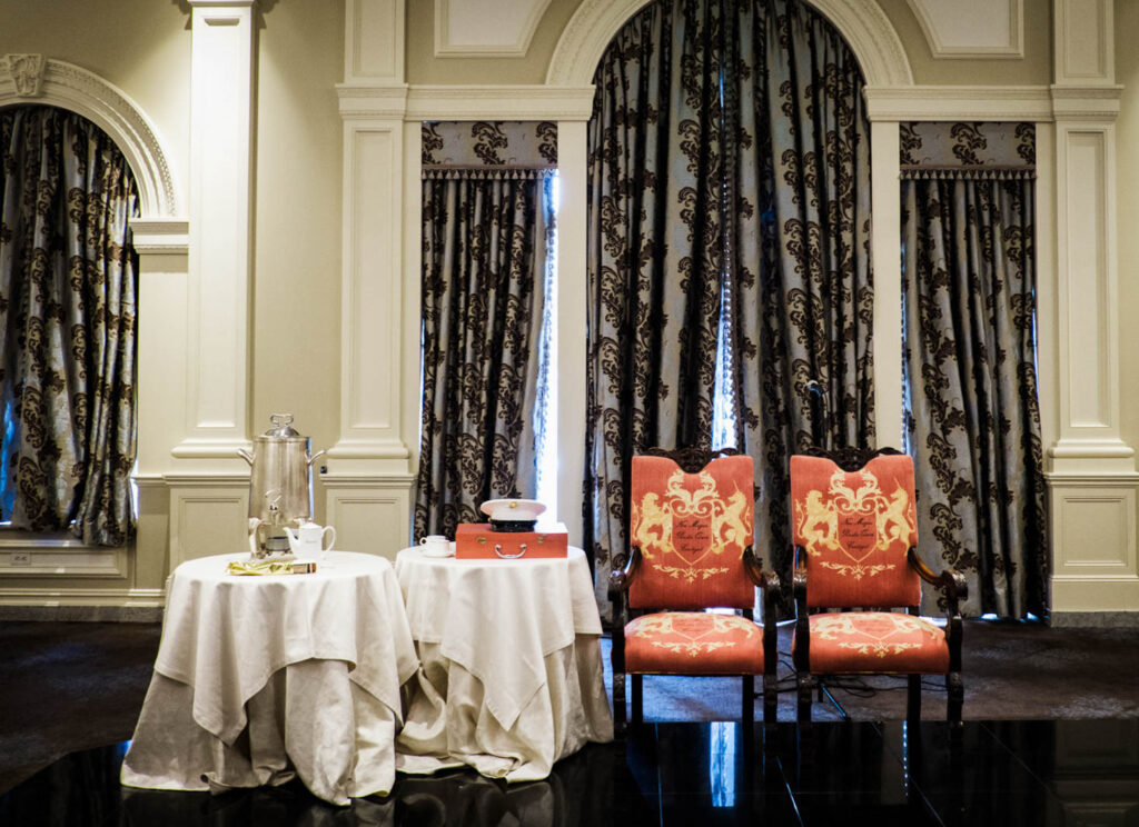 Traditional Chinese tea ceremony setup with ornate chairs at Rockleigh Country Club wedding