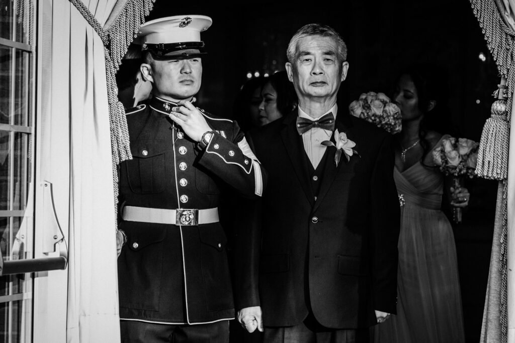 Marine groom and father entering wedding reception at Rockleigh Country Club