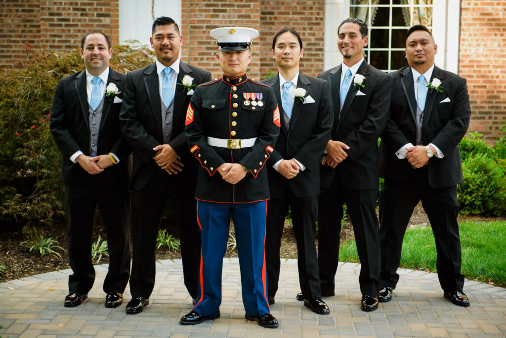 Marine groom in dress blues with groomsmen at Rockleigh Country Club