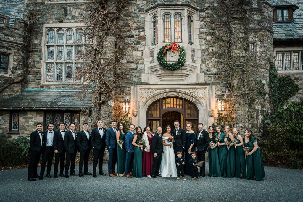 Complete wedding party group portrait at Skylands Manor