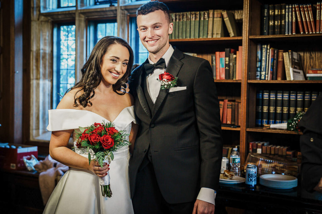Bride and groom portrait in Skylands Manor library