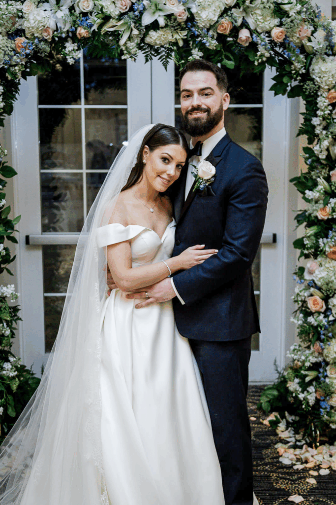 Newlyweds portrait in ceremony space at Northern New Jersey winter wedding