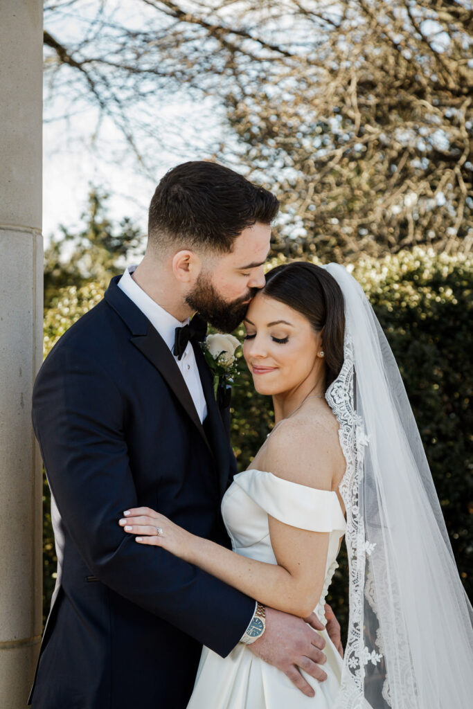 Bride and groom outdoor portrait on winter wedding day in Northern New Jersey