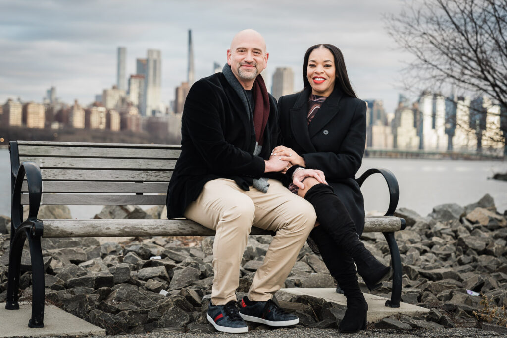 Engagement portraits at Waterside Restaurant North Bergen NJ waterfront with Hudson River backdrop