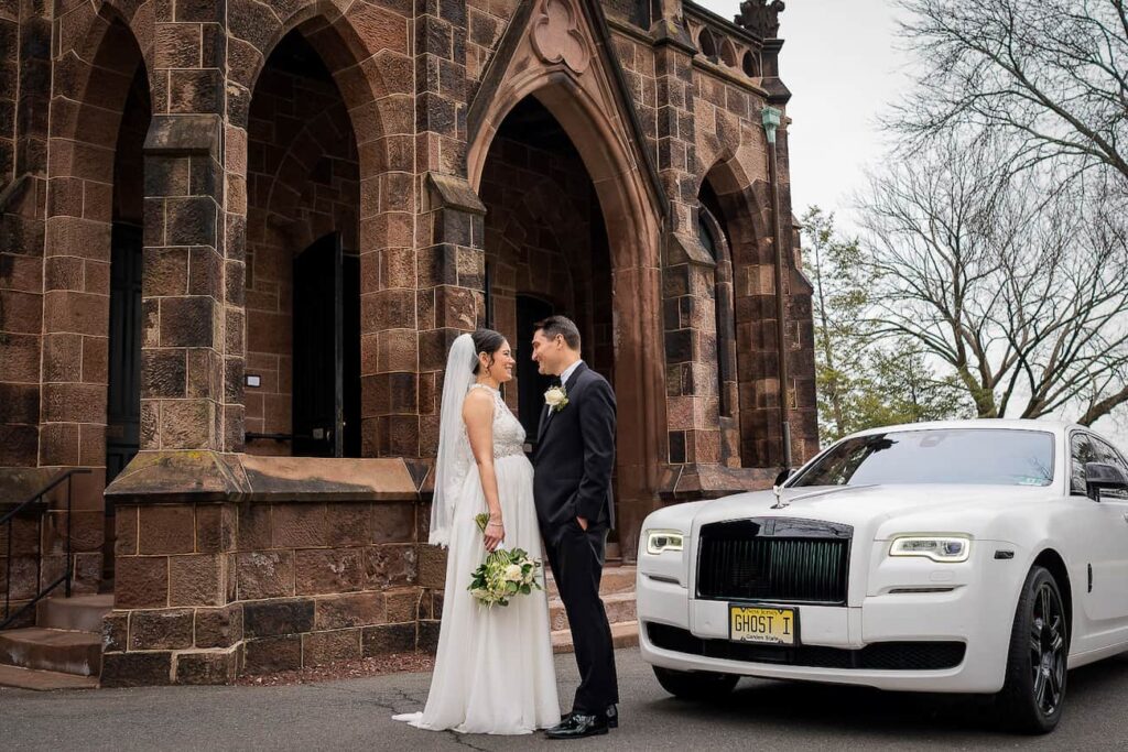 Couple portraits on a New York City street during golden hour wedding photography session