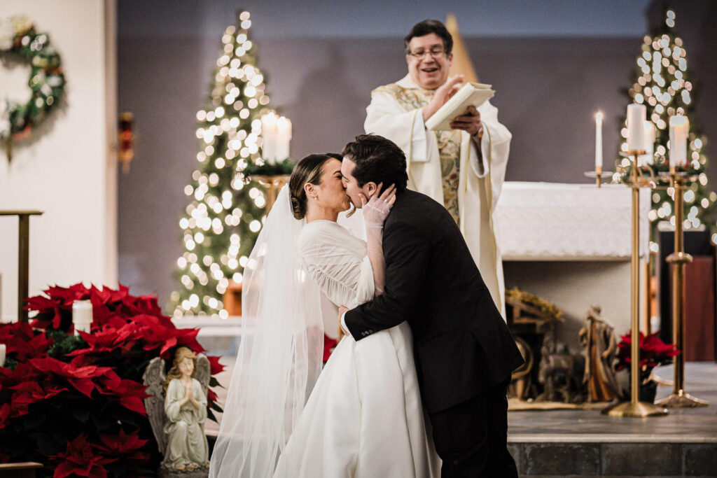 First kiss as married couple at St. Catharine Church wedding ceremony in Glen Rock NJ