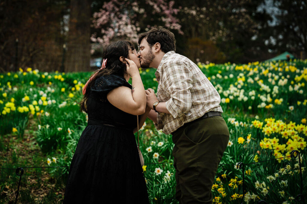 Couple sharing first kiss after proposal surrounded by yellow and white daffodils in Summit NJ