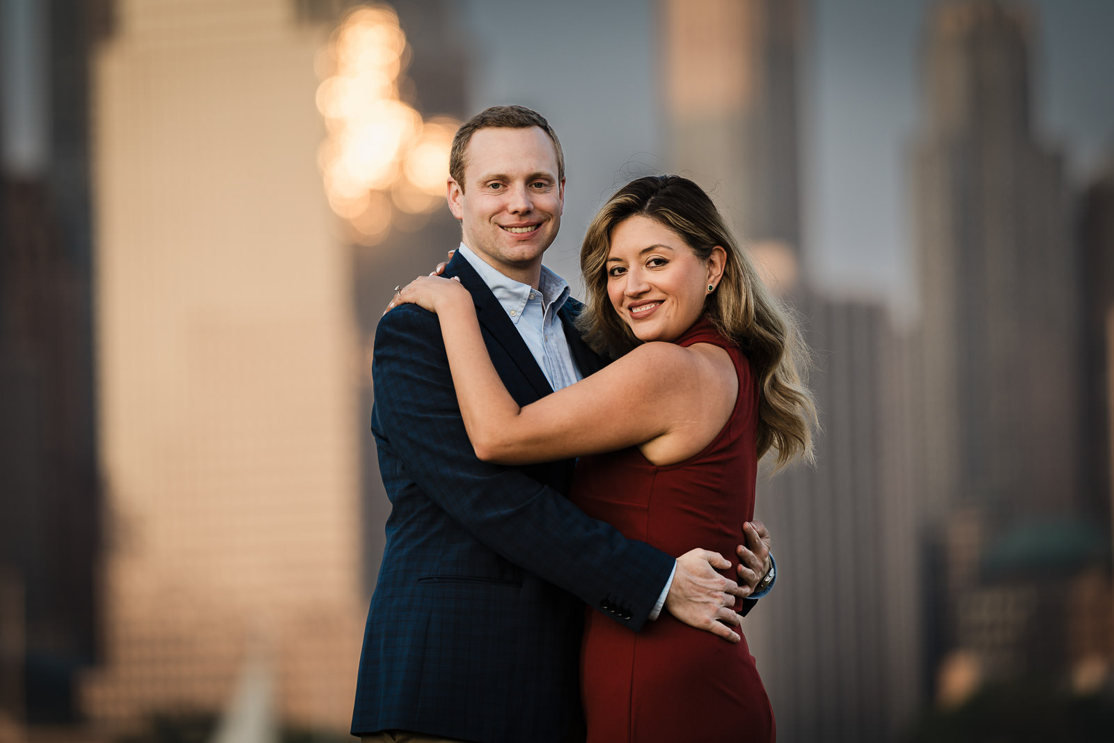 Close-up portrait of couple embracing during Jersey City engagement session at Liberty State Park