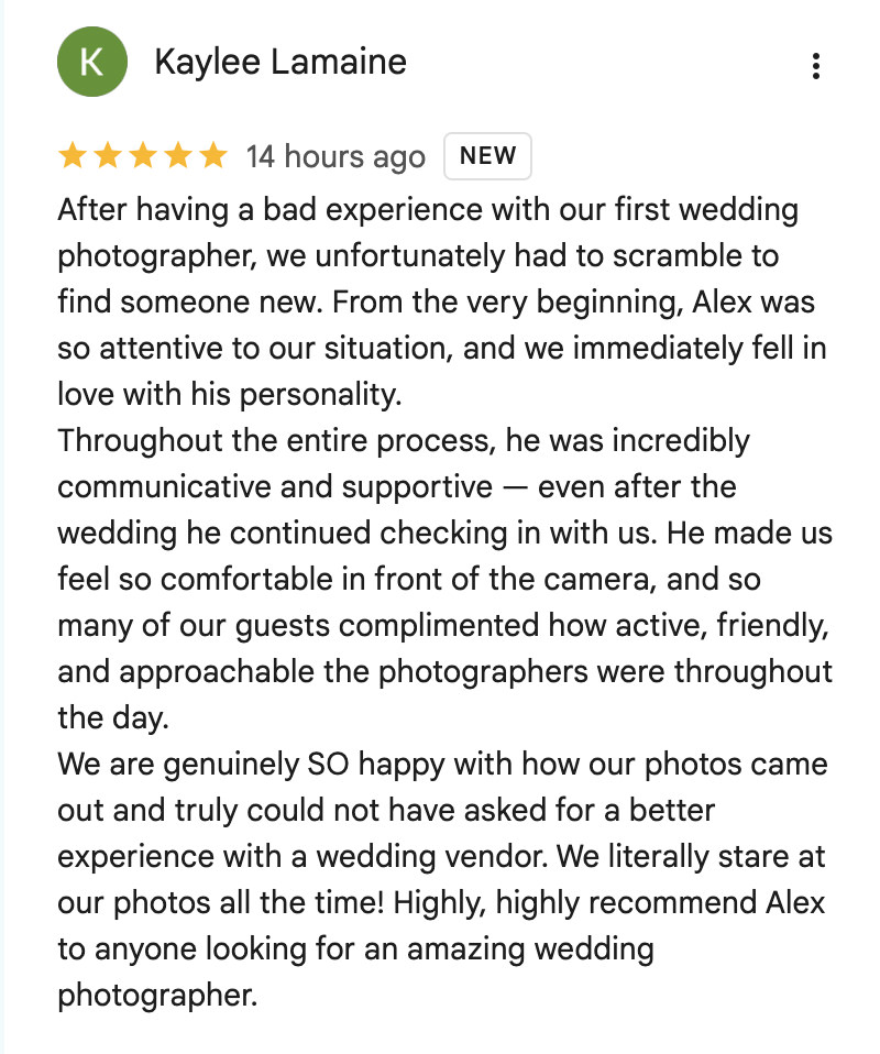 5-star review from a Pinelands Golf Club wedding couple in Hammonton NJ