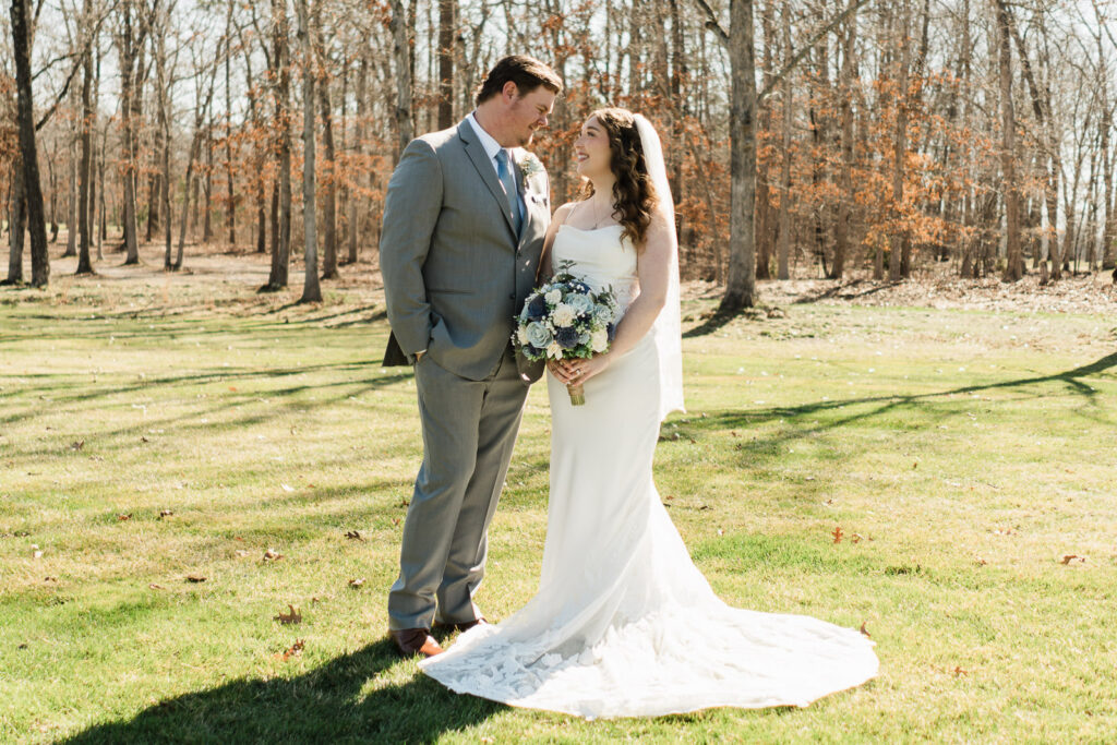 Bride and groom portrait at Pinelands Golf Club outdoor wedding Hammonton New Jersey wooded setting