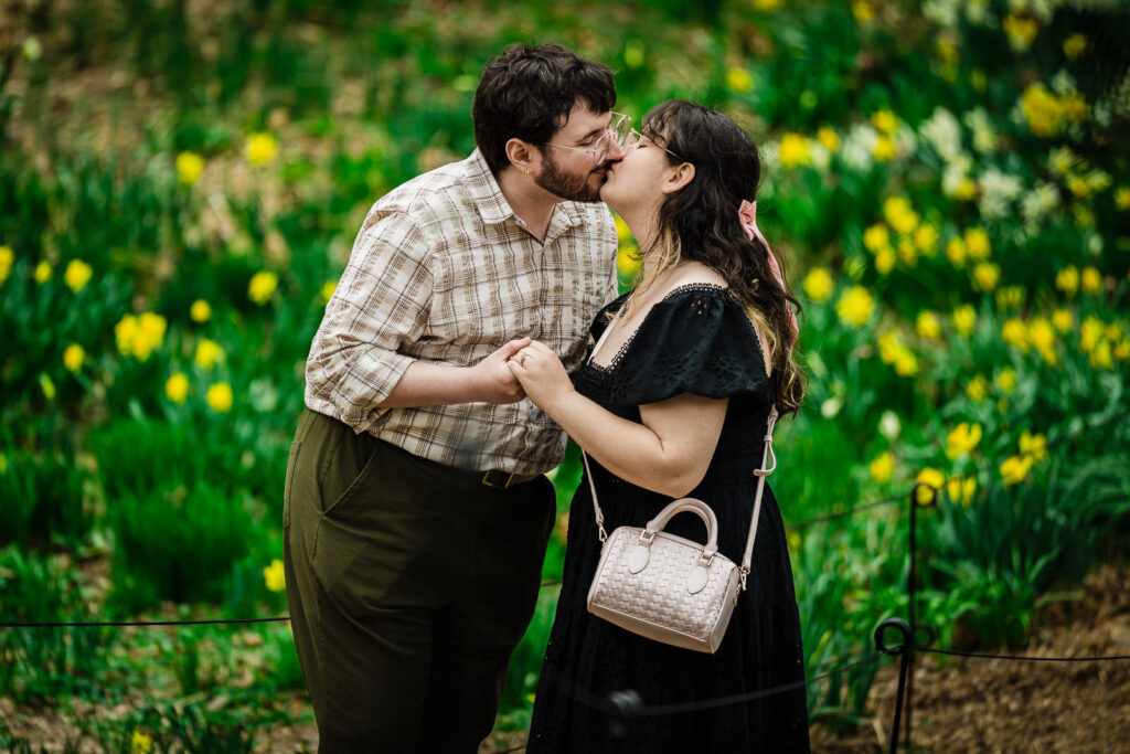 Newly engaged couple kissing among yellow daffodils at Reeves-Reed Arboretum Summit NJ