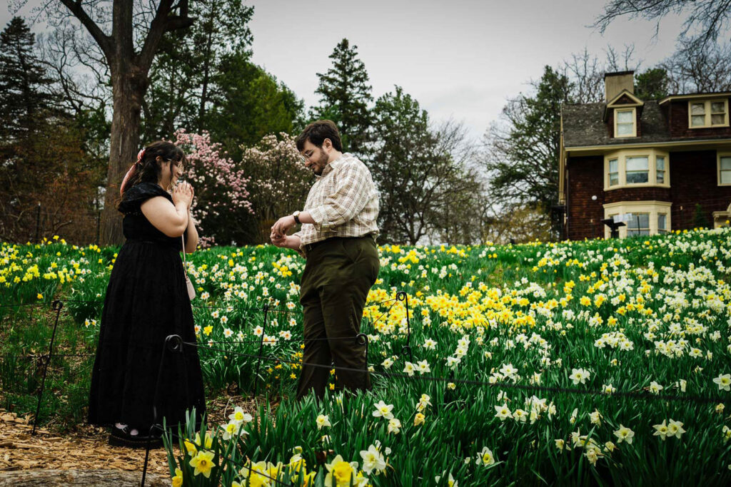 Couple standing in daffodil field as man opens ring box during spring proposal in New Jersey