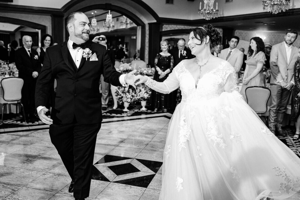Black and white first dance photo at Macaluso's wedding reception Hawthorne NJ