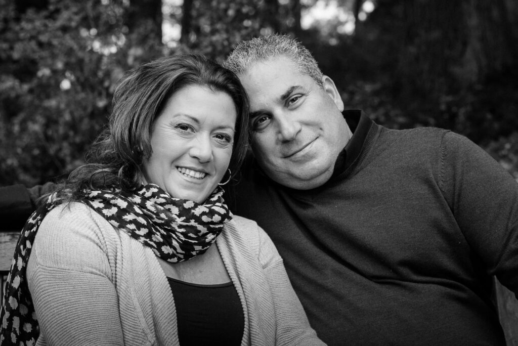 Black and white close-up portrait of couple during engagement session at Overpeck County Park NJ