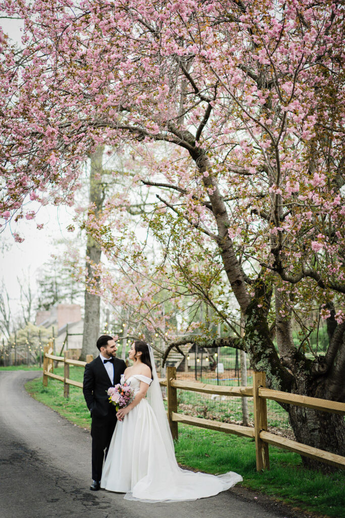 Bride and groom gazing at each other on the cherry blossom lined path
at Waterloo Village Historic Site wedding in New Jersey with the bride
holding her bouquet