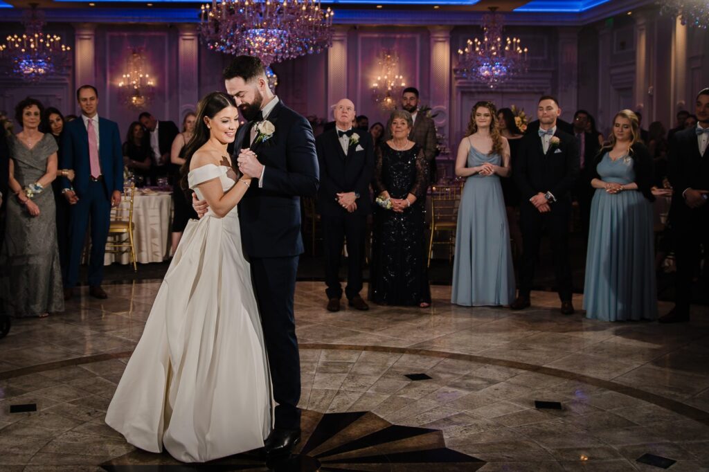 Bride and groom sharing their first dance in the ballroom at The Rockleigh in New Jersey