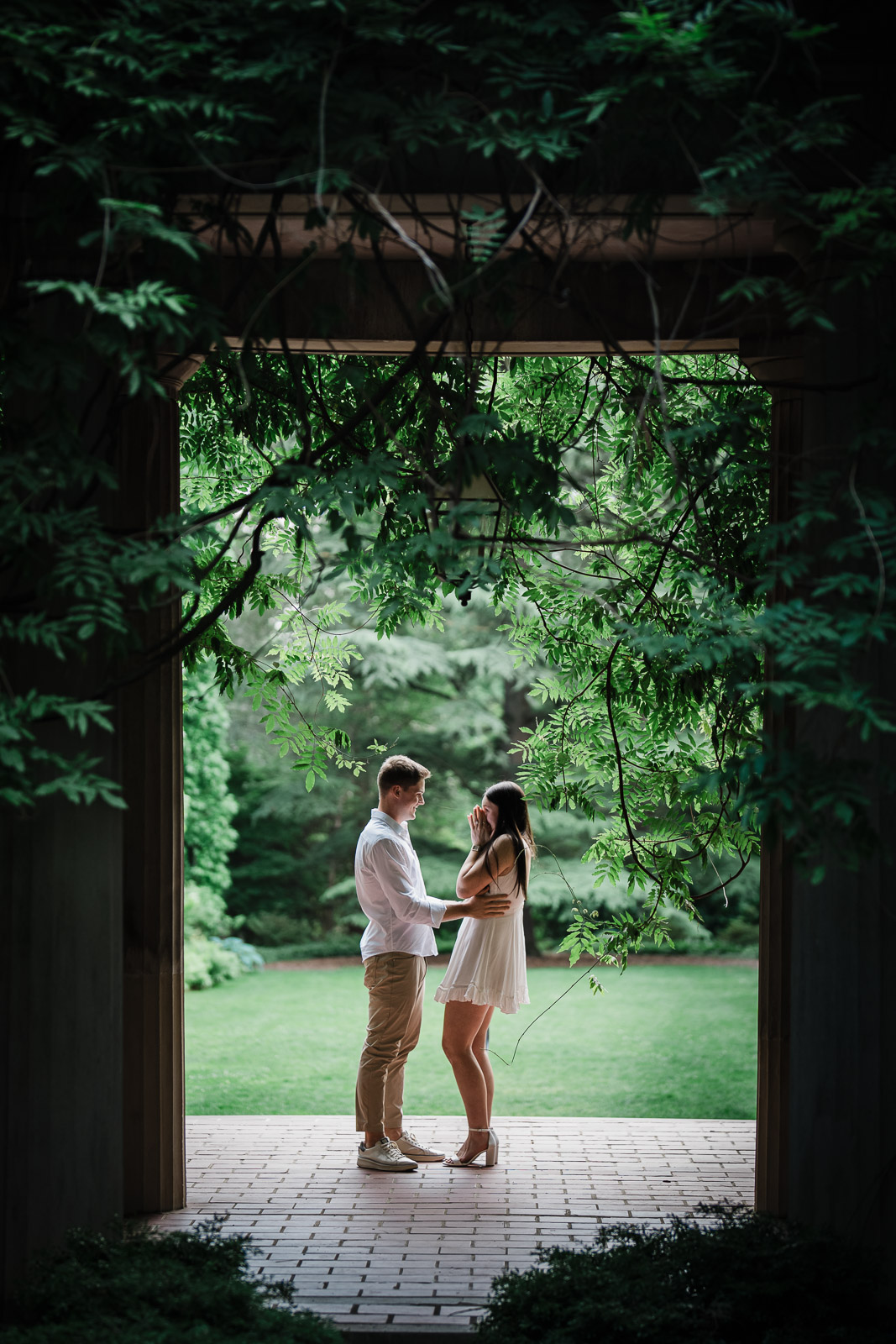 Newly engaged woman reacting with hands to her face just after a proposal at Van Vleck Gardens