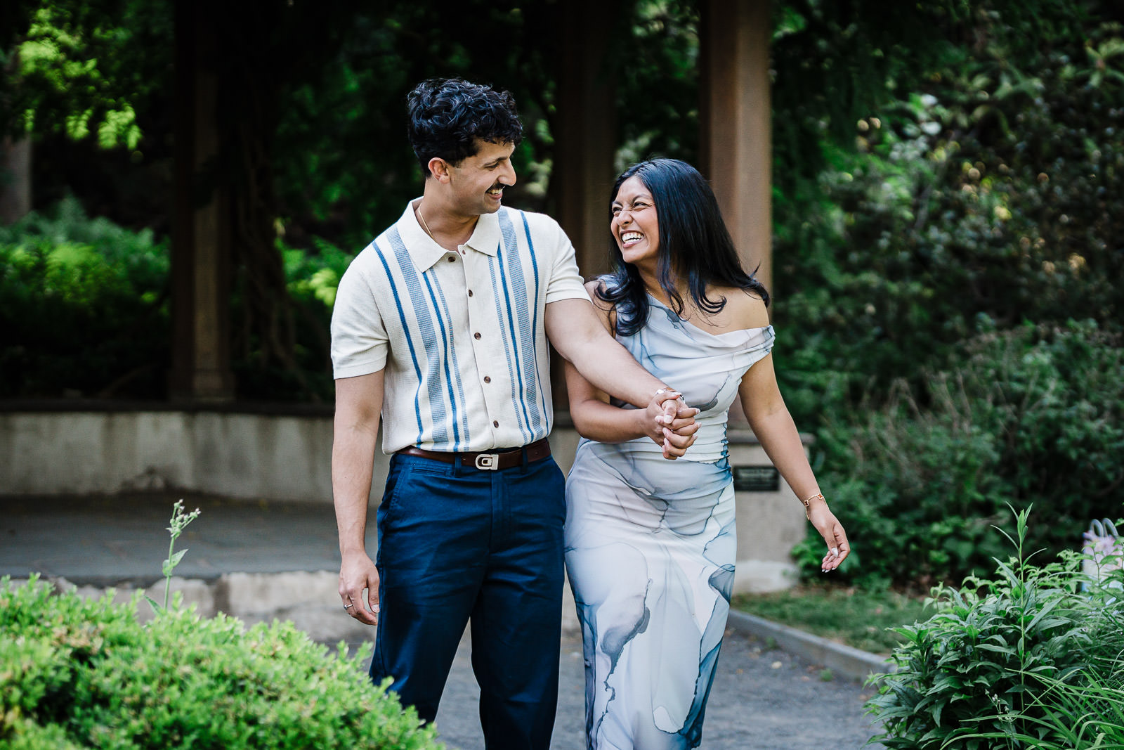 Couple walking together through Van Vleck House & Gardens before a Montclair NJ proposal