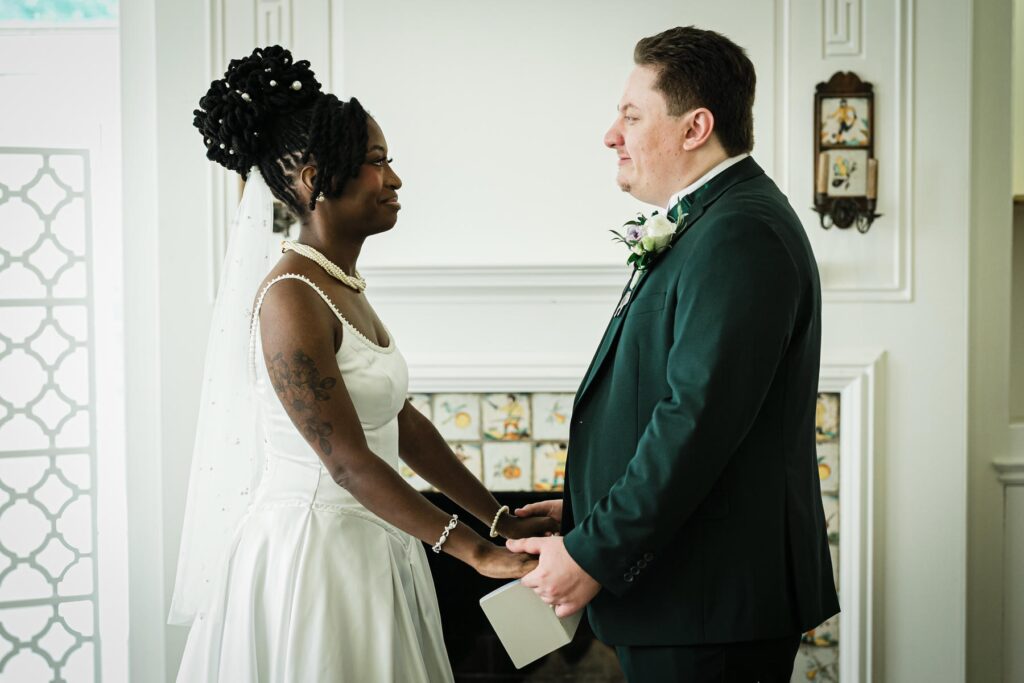 Bride and groom together inside Alverthorpe Manor before their wedding ceremony