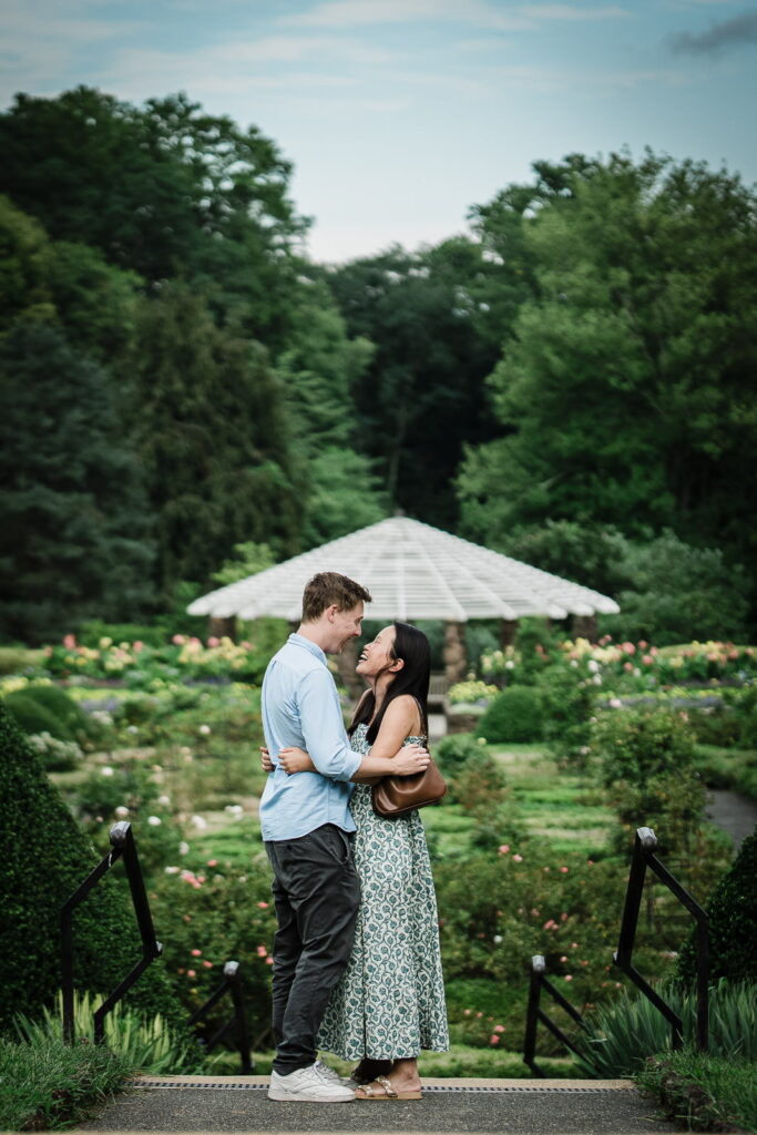 Newly engaged couple laughing together above the rose parterre at Deep Cut Gardens