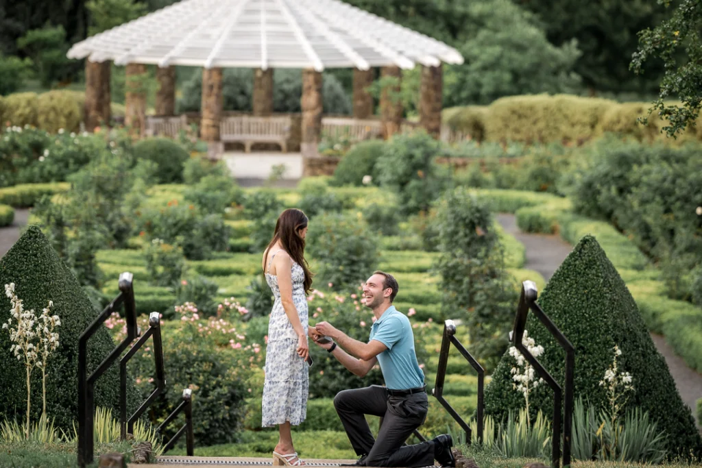 Couple at the stone pergola, a top Deep Cut Gardens proposal location in Middletown NJ
