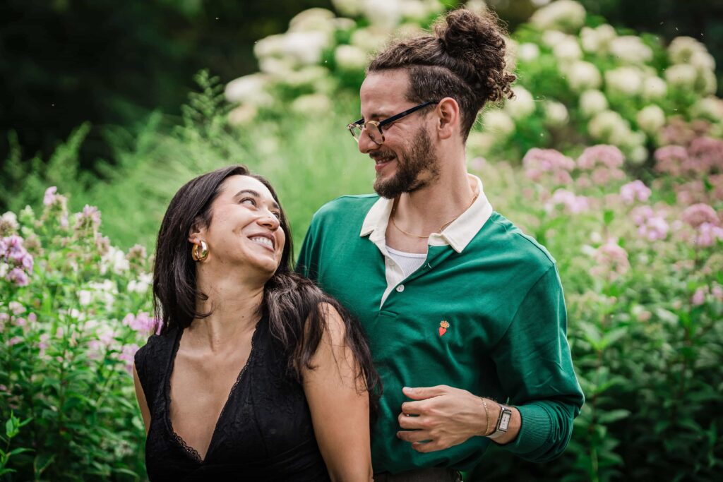 Lexi laughing with Philip among hydrangeas at Van Vleck House and Gardens Montclair NJ