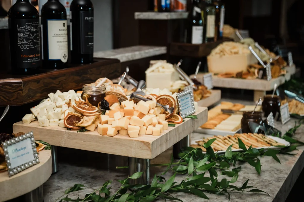 Cheese and charcuterie display during cocktail hour at The Mill Lakeside Manor