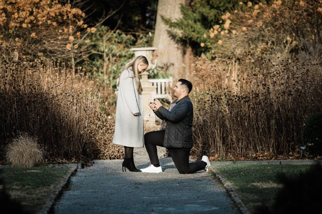 Discreet long lens view of winter proposal at Van Vleck Gardens in Montclair NJ