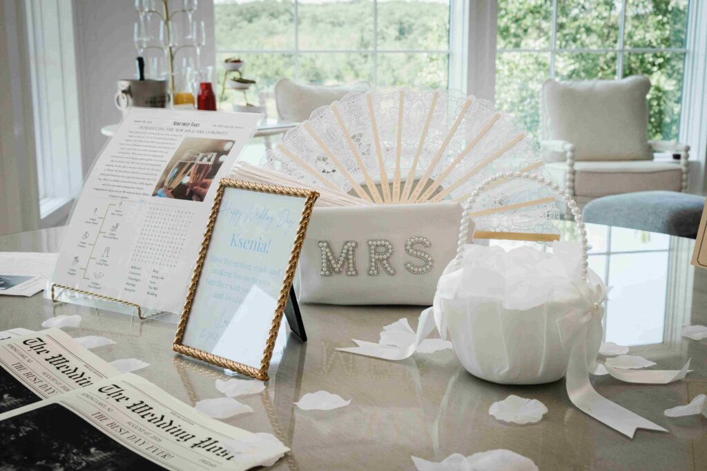 Wedding day details and welcome gifts in the getting ready suite at The Mill Lakeside Manor