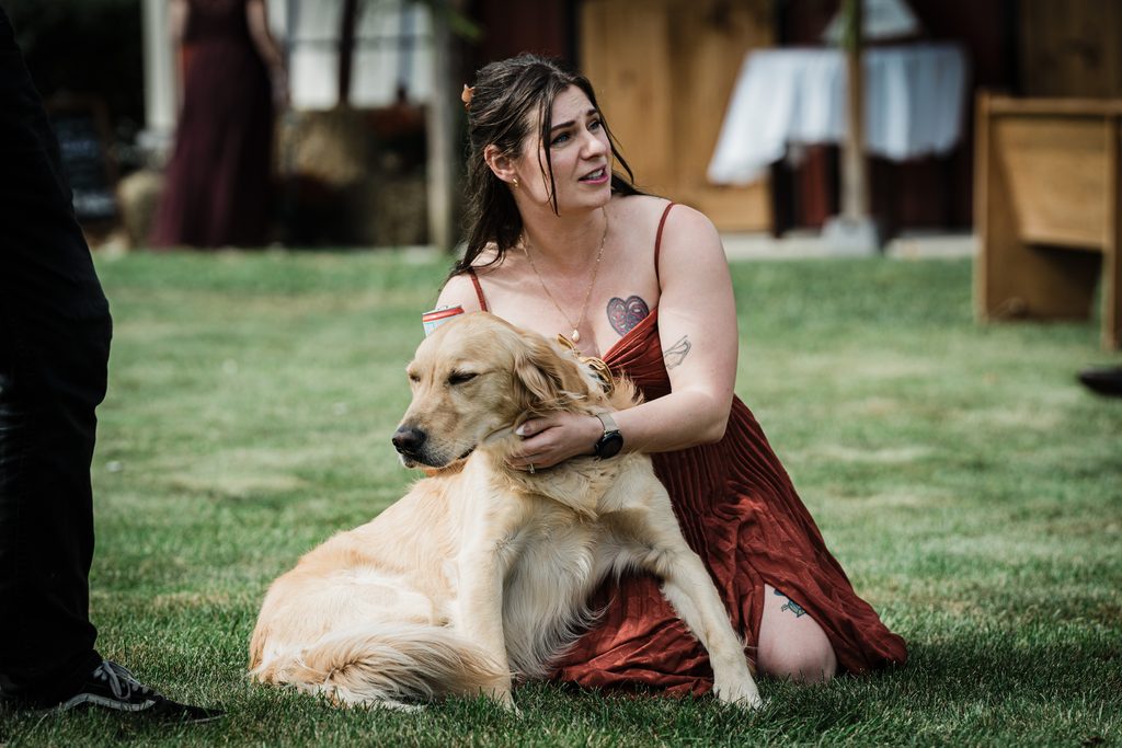  Guest with a golden retriever on the lawn at a Franklin Township home wedding